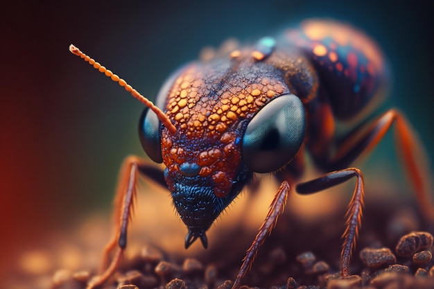 Close up and high detailed of colorful ant face natural background Generative AI