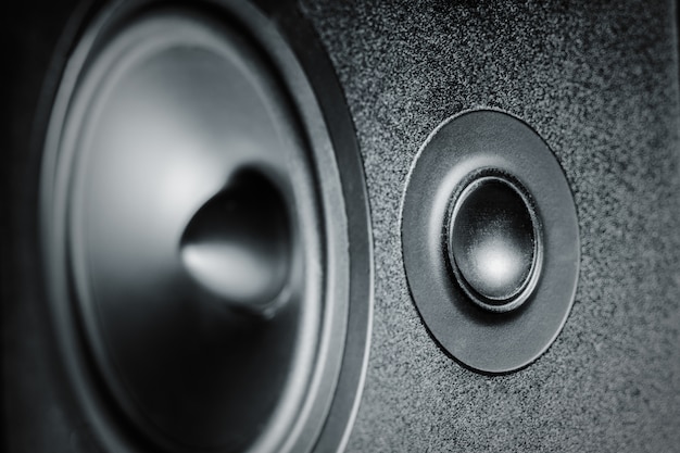 Photo close up of high and low frequency speakers, membrane audio speaker