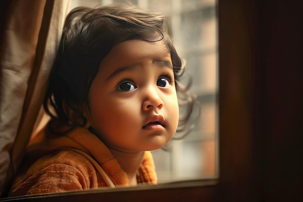 Close up of a hindi child alone in a room with a window and natural light