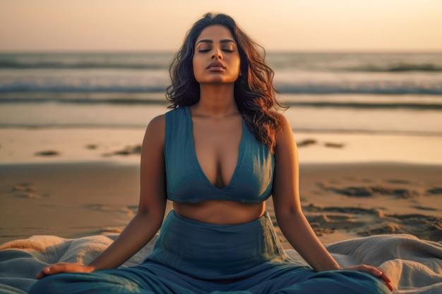 Close up of a hindi woman practicing meditation at the beach