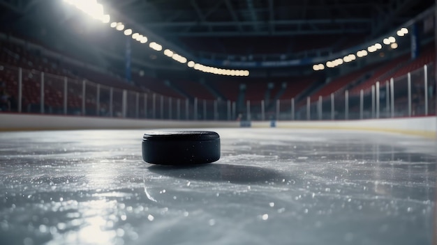 Close up of a hockey puck on ice rink