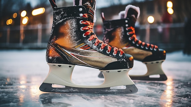 close-up hockeyschaatsen op een winterstadsijsbaan