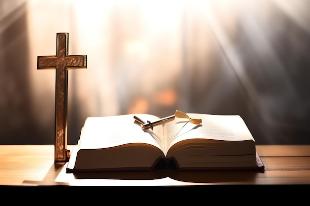 神聖な聖書と木製のテーブル上のキリスト教の十字架のクローズアップ ハッピーグッドフライデーまたは宗教コンセプト