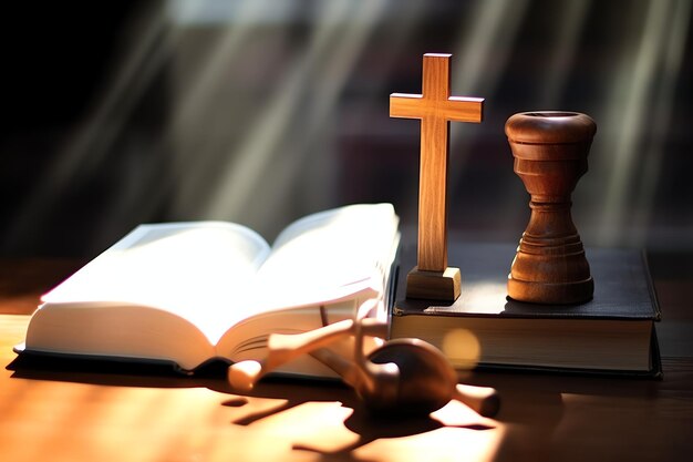 Foto close up di una santa bibbia e una croce cristiana su un tavolo di legno buon venerdì o concetto di religione