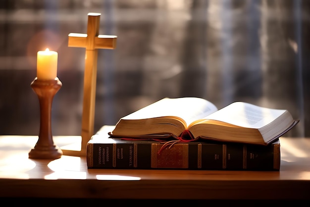 Close up of a holy bible and christian cross on wooden table Happy good friday or religion concept
