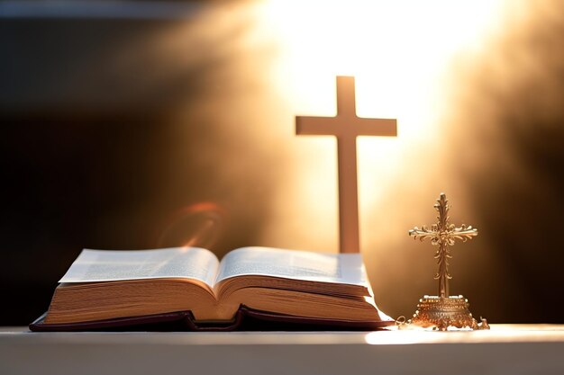 Foto close up di una santa bibbia e una croce cristiana su un tavolo di legno buon venerdì o concetto di religione