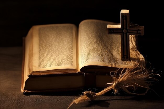 Close up of a holy bible and christian cross on wooden table Happy good friday or religion concept