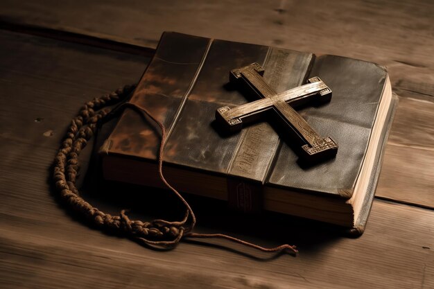 Photo close up of a holy bible and christian cross on wooden table happy good friday or religion concept