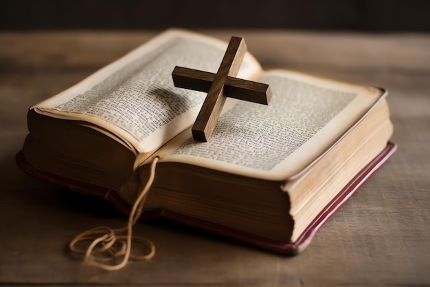 Photo close up of a holy bible and christian cross on wooden table happy good friday or religion concept