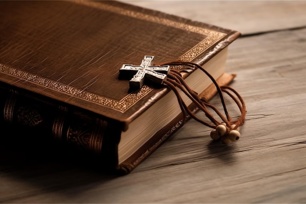 Close up of a holy bible and christian cross on wooden table Happy good friday or religion concept