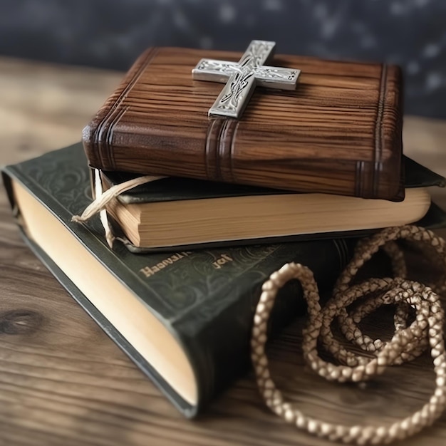 Photo close up of a holy bible and christian cross on wooden table happy good friday or religion concept