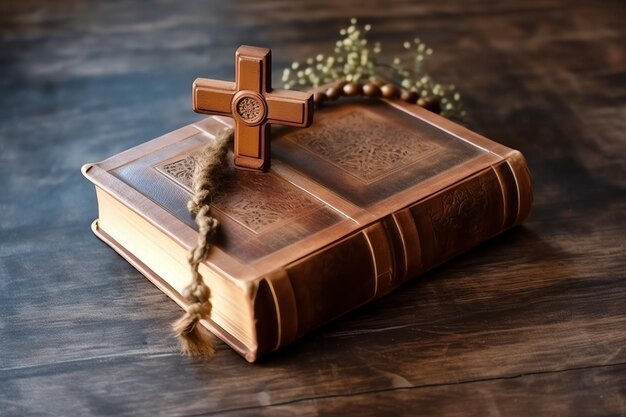 Close up of a holy bible and christian cross on wooden table Happy good friday or religion concept