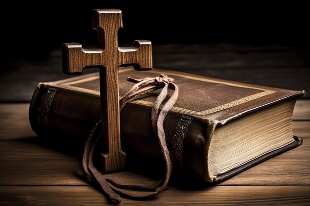 Close up of a holy bible and christian cross on wooden table Happy good friday or religion concept