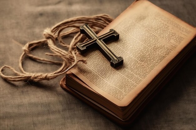 Photo close up of a holy bible and christian cross on wooden table happy good friday or religion concept