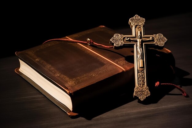 Close up of a holy bible and christian cross on wooden table Happy good friday or religion concept