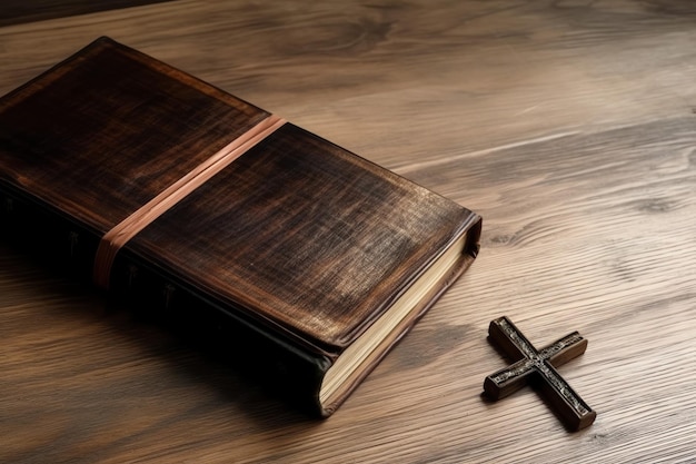 Photo close up of a holy bible and christian cross on wooden table happy good friday or religion concept