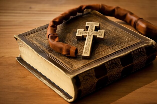 Close up of a holy bible and christian cross on wooden table happy good friday or religion concept