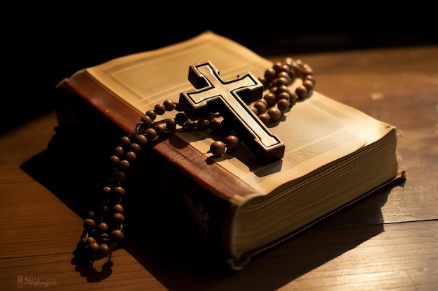 Close up of a holy bible and christian cross on wooden table Happy good friday or religion concept