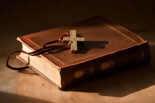 Близкий снимок святой Библии и христианского креста на деревянном столе Счастливой Страстной пятницы или религиозной концепции