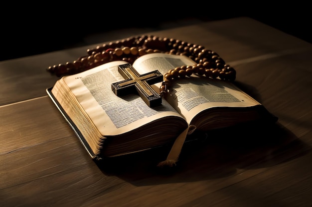 Photo close up of a holy bible and christian cross on wooden table happy good friday or religion concept