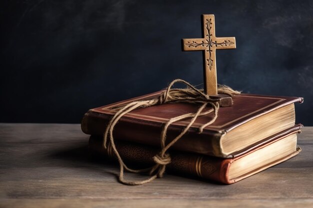 Close up of a holy bible and christian cross on wooden table happy good friday or religion concept