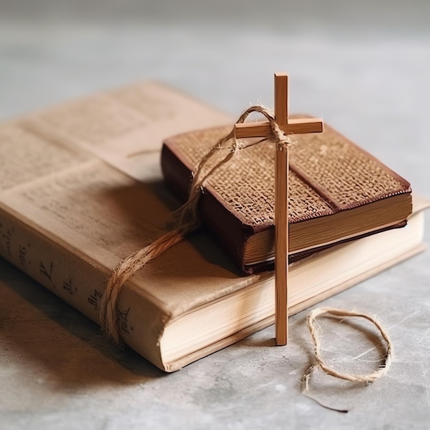 Foto close up di una santa bibbia e croce cristiana su un tavolo di legno buon venerdì o concetto di religione