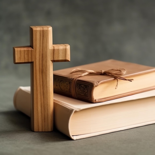 Close up of a holy bible and christian cross on wooden table Happy good friday or religion concept