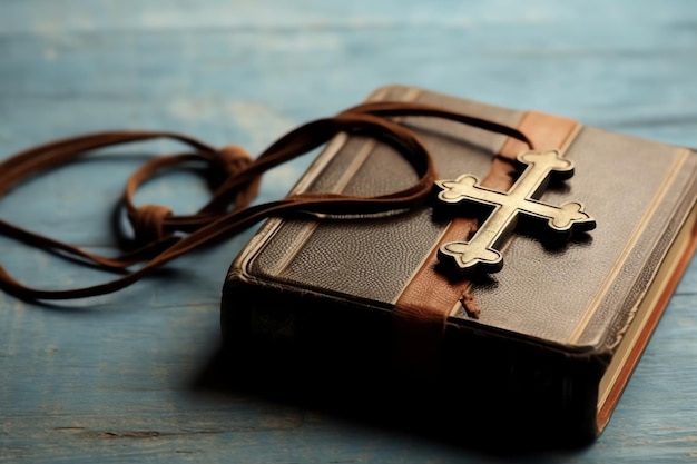 Foto close up di una santa bibbia e croce cristiana su un tavolo di legno buon venerdì o concetto di religione