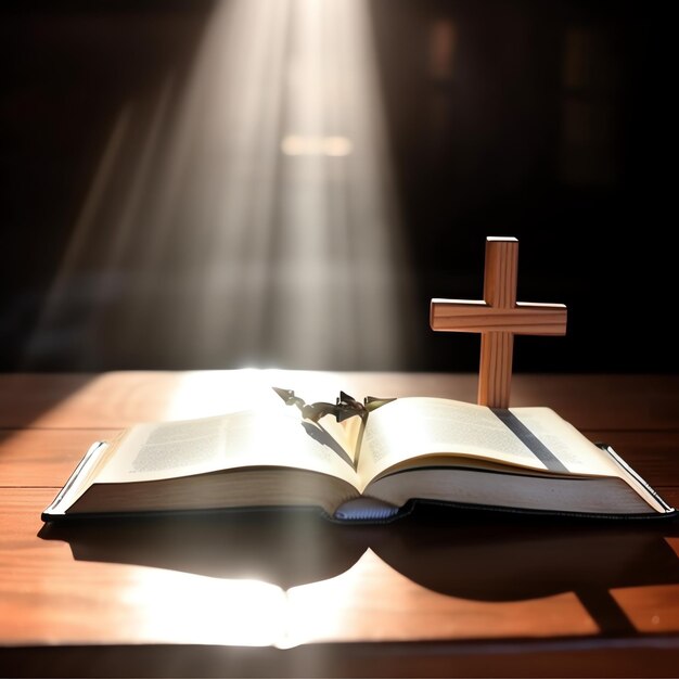 Close up of a holy bible and christian cross on wooden table happy good friday or religion concept