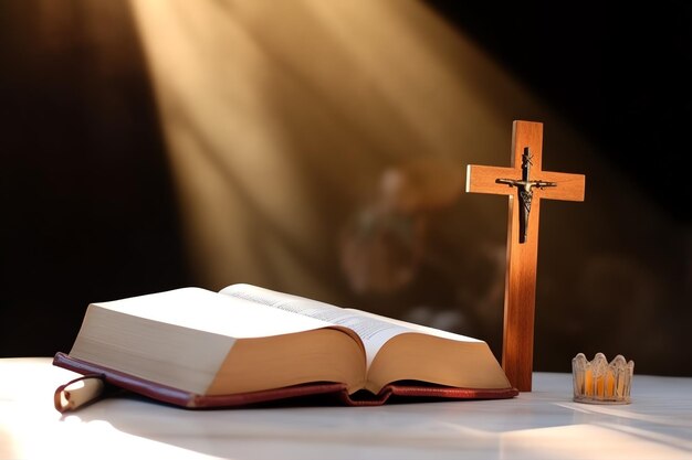 Photo close up of a holy bible and christian cross on wooden table happy good friday or religion concept