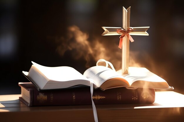 Photo close up of a holy bible and christian cross on wooden table happy good friday or religion concept