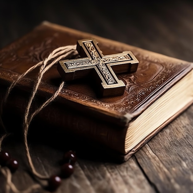 Photo close up of a holy bible and christian cross on wooden table happy good friday or religion concept