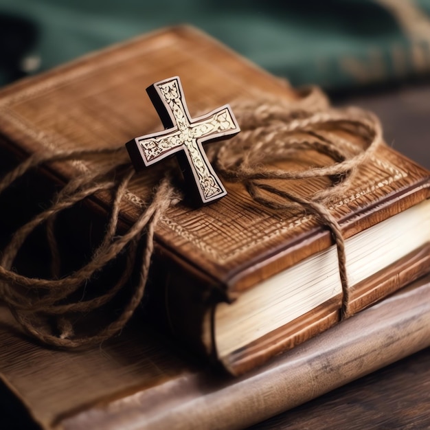 Close up of a holy bible and christian cross on wooden table Happy good friday or religion concept