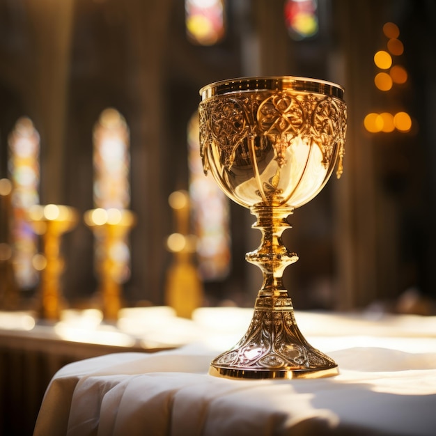 Photo close up of holy chalice with customizable space for text or prayers