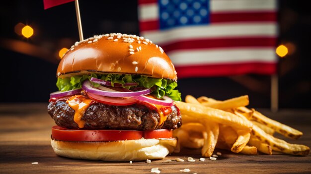 写真 アメリカの国旗と自家製ビーフバーガーをクローズアップ