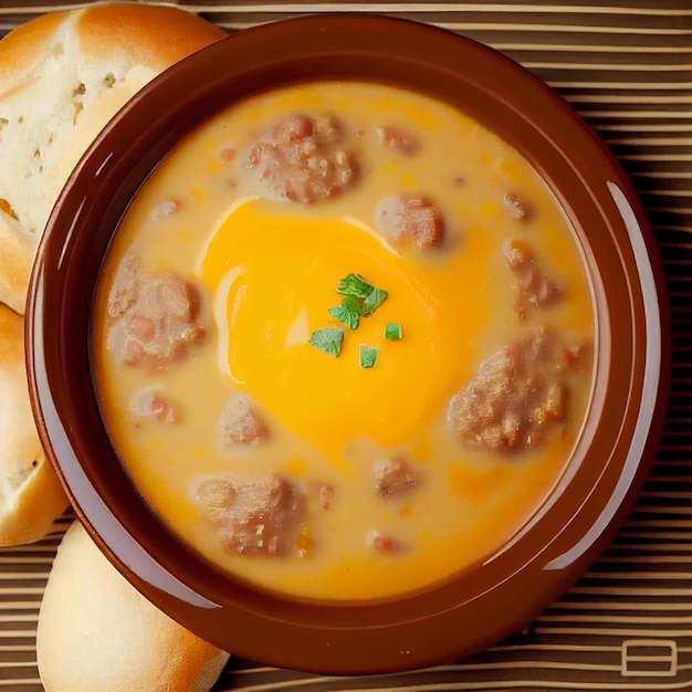 Close up of homemade cheeseburger soup in a dish on a table with bunsgenerative ai