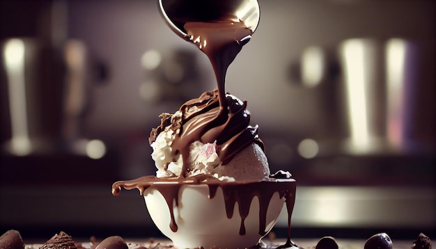 クリーム生成 AI を使用した自家製ダーク チョコレート デザートのクローズ アップ
