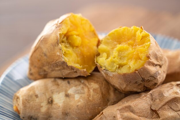 Close up of homemade delicious roasted sweet potato in a plate for eating, famous Taiwanese food.