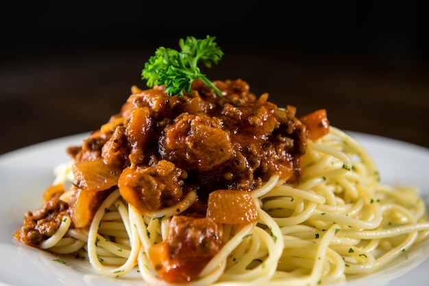 Close up of homemade Italian spaghetti bolognese