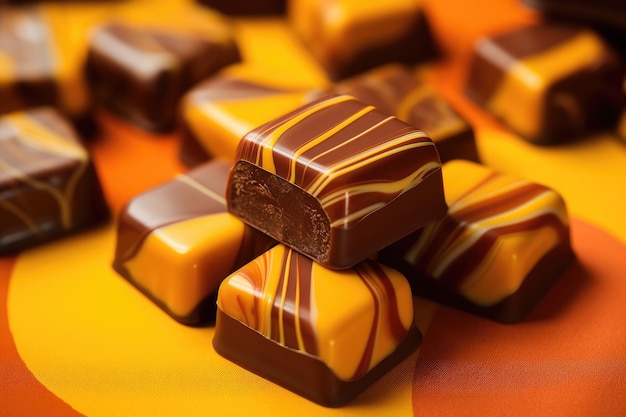 Close up of homemade orange chocolate bonbon slice ai generated