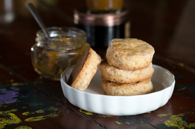 Close up of homemade scones in white bowl 