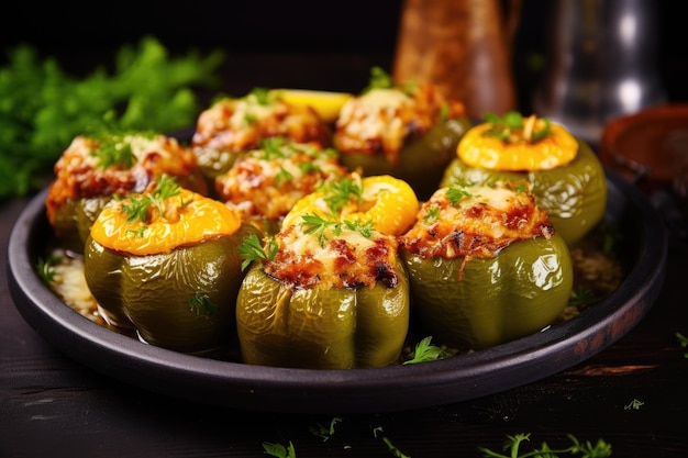 Close up of homemade stuffed bell peppers or Dolma with melted cheese