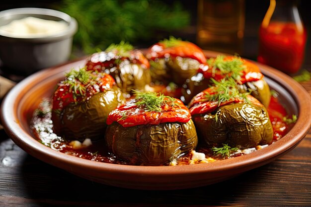 Close up of homemade stuffed bell peppers or Dolma with melted cheese