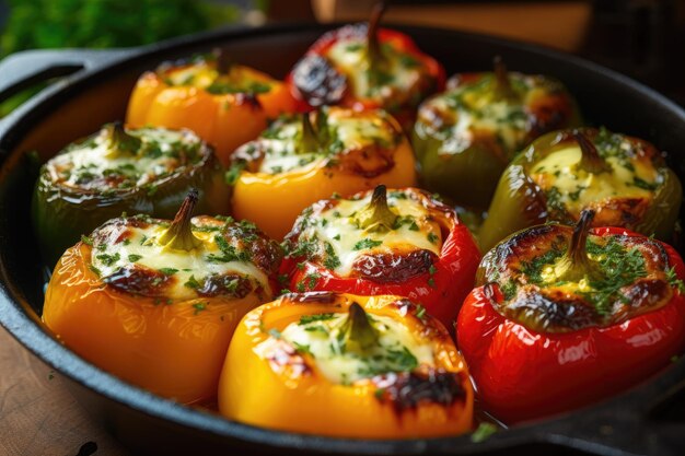 Close up of homemade stuffed bell peppers or Dolma with melted cheese