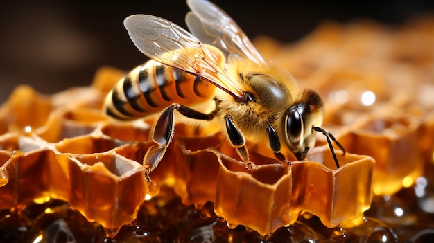 Close up Honey bee on honeycomb on yellow
