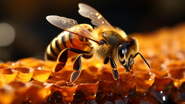 Close up honey bee on honeycomb on yellow