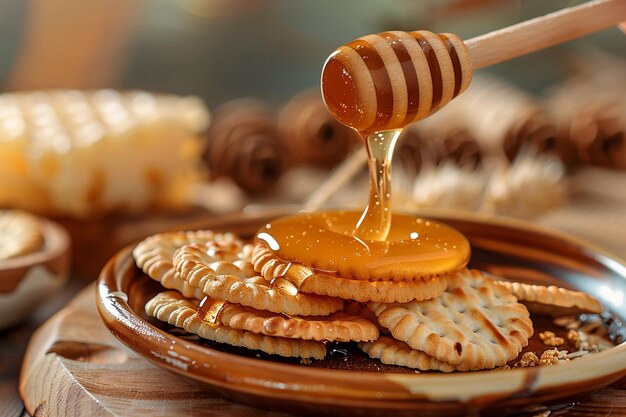 Photo close up of honey being drizzled onto a plate of cheese and crackers