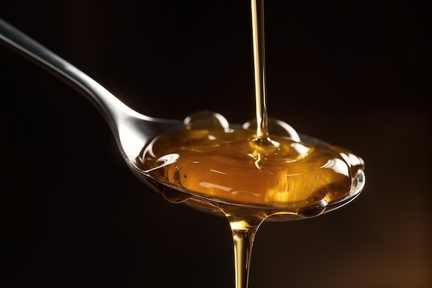 Близкий взгляд на мед, наливаемый в серебряную ложку меда ИИ