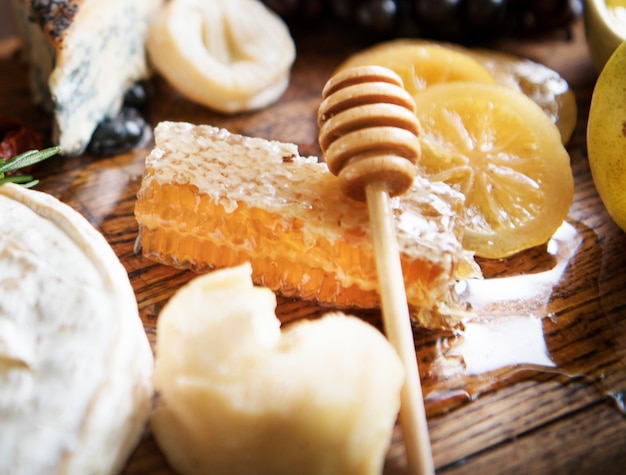 Close up of honey comb on a cheese board