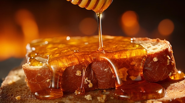 Close up of a honey drizzler dripping honey